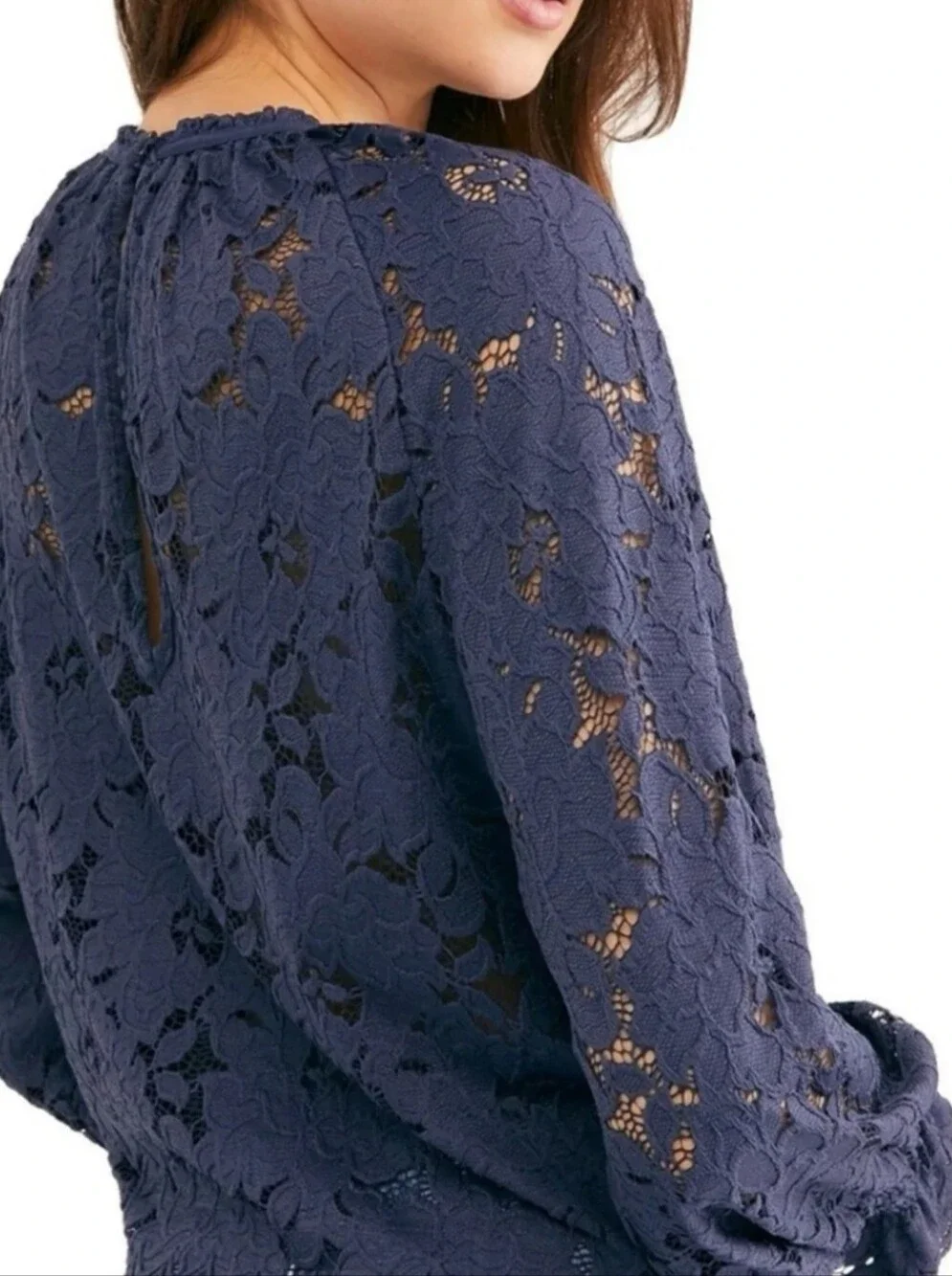Free People Oliva Lace Bell Sleeved  Blouse Navy Coquette Fairy Flowy Sz XS